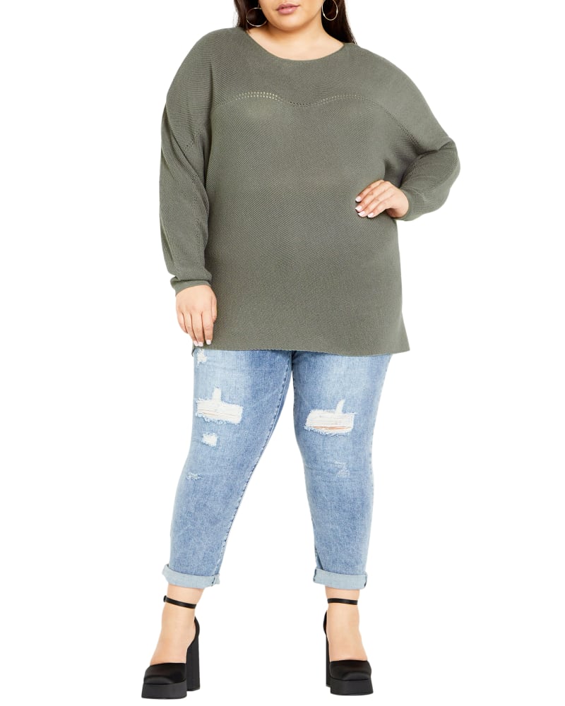 Front of a model wearing a size M Romance Jumper in Sage Green by City Chic. | dia_product_style_image_id:302991